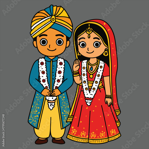 Indian Wedding Couple Illustration – Red Lehenga, Blue Sherwani, Flower Garland Ceremony Art