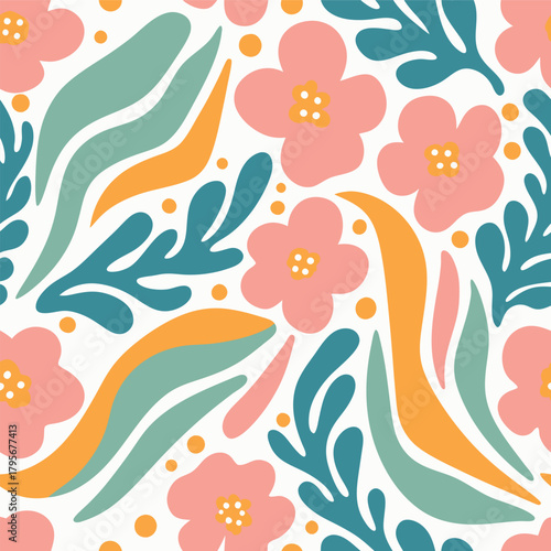 Whimsical hand drawn floral pattern with abstract leaves and flowers on white background