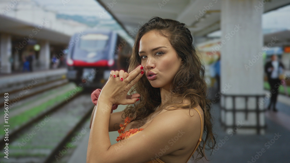 Fototapeta premium Woman in bright orange bikini pointing finger at camera on busy train station platform; bold confidence.