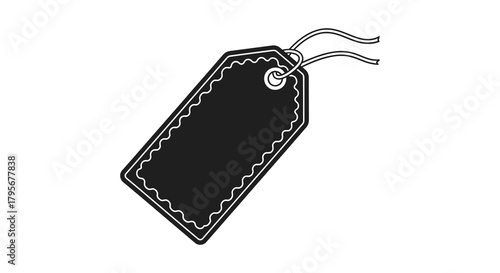 Blank black price tag with decorative border and string for retail sales and marketing