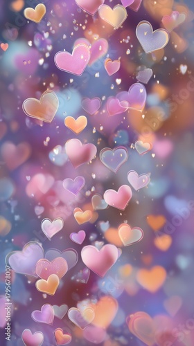 Beautiful Pastel Hearts Floating in a Dreamy Background of Soft Colors and Ge...
