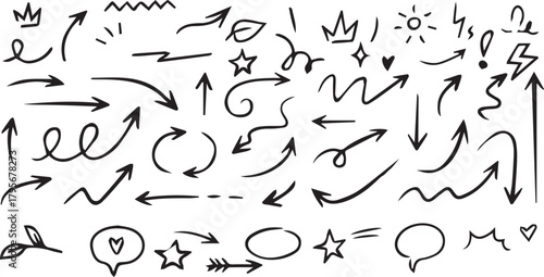 hand drawn doodle arrows collection with curved straight wavy decorative elements stars hearts swirls sketchy black ink style for infographic design