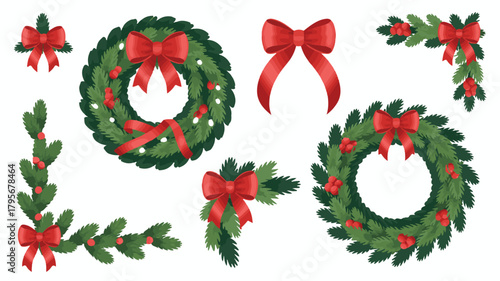 Christmas wreath set with bells holly berries and festive decorations