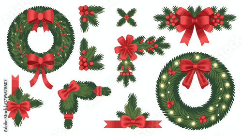 Christmas wreath set with bells holly berries and festive decorations