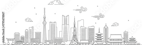 Cultural Landmarks Skyline Illustration, Urban Landscape, City View, Digital Artwork, Modern Environment