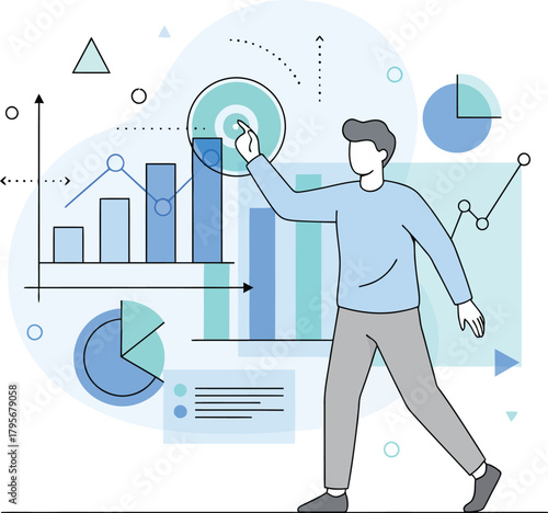 Business Analytics Presentation, Data Visualization, Office Setting, Illustration, Modern Environment, Perspective, Analysis Insights