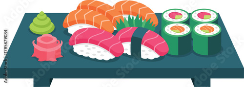 Colorful Assortment of Sushi Rolls on a Traditional Wooden Platter in a Restaurant Setting