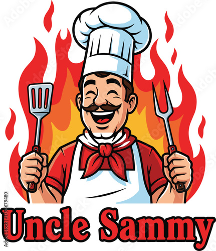 Cartoon chef illustration, grilling utensils, stylized flames background, Uncle Sammy logo, barbecue mascot vector, food service branding character design