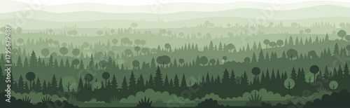 Nature Landscape, Serene Forest, Digital Illustration, Calm Environment, Panoramic View, Tranquility Concept