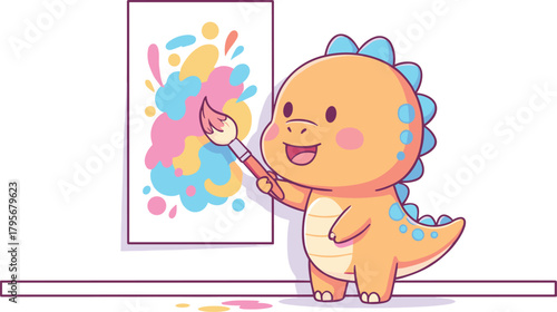 Adorable cartoon baby dinosaur happily painting a colorful abstract artwork on a canvas in a cute creative illustration