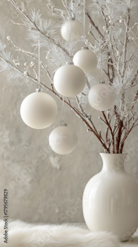 Beautiful White Ornaments Hanging From a Frosted Branch in a Simple Vase