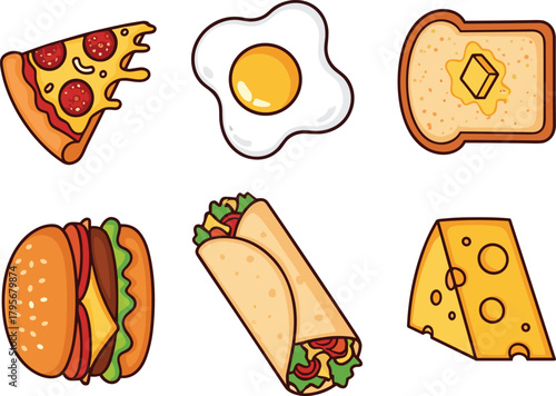 Cartoon food icon set, pizza, egg, toast, burger, taco, cheese illustrations, colorful snack vector, playful culinary design, kids menu graphics