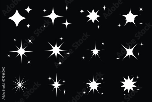 Shine sparkle star icon set.  sparkling star collection vector icon. Retro futuristic sparkle icons collection on black background.