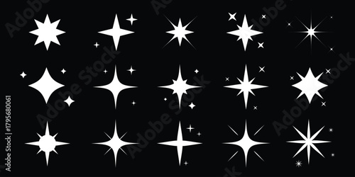Shine sparkle star icon set.  sparkling star collection vector icon. Retro futuristic sparkle icons collection on black background.