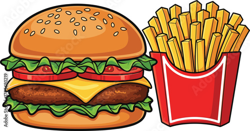 Cheeseburger and French fries cartoon illustration, sesame bun, beef patty, cheese, tomato, crispy fries, fast food vector, snack design