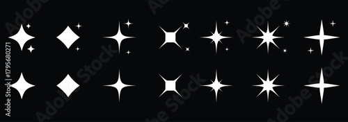 Shine sparkle star icon set.  sparkling star collection vector icon. Retro futuristic sparkle icons collection on black background.