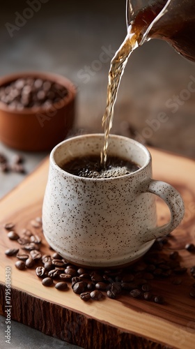 Freshly Brewed Coffee Pouring Into a Speckled Mug With Beans on a Wooden Board