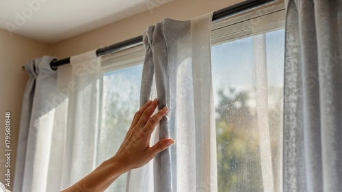 Hand opening window curtain letting in sunlight