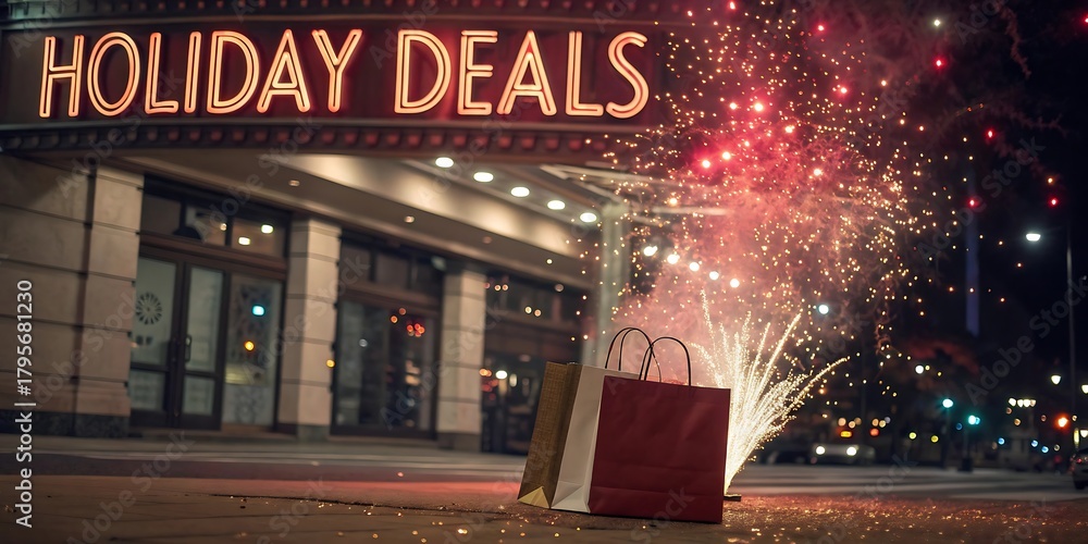 Obraz premium Festive holiday deals sign with fireworks display