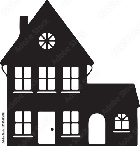 Detailed home silhouette shows windows, arched door, and chimney against transparent backdrop