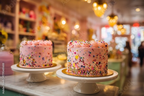 Colorful Birthday Cakes With Sprinkles on Display in a Vibrant Bakery Setting...