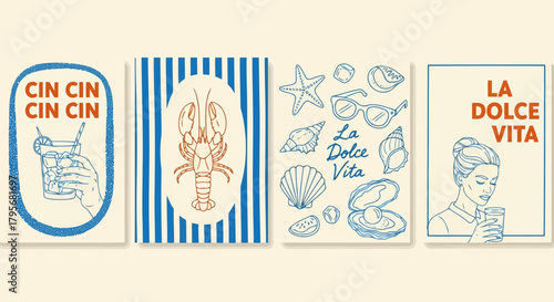 Four vintagestyle illustrations of italian summer lifestyle elements
