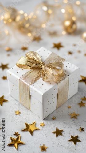Gift Box Decorated With Golden Ribbon and Stars on a Festive Background