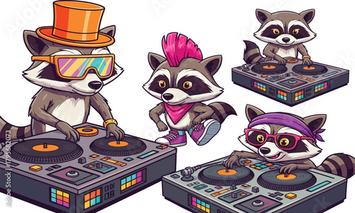 Cool cartoon raccoon DJs performing energetic music mixes on colorful turntables in a fun vibrant vector illustration