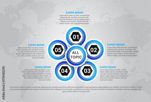 Modern infographic template with clean business layout and numbered options banners, Business infographic presentation Slide with specific topics.