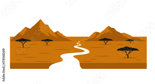 African savannah landscape with river and acacia trees digital artwork scenic wildlife nature environment representation isolated on white background