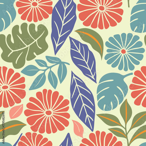 Whimsical hand drawn floral pattern with teal pink and orange hues
