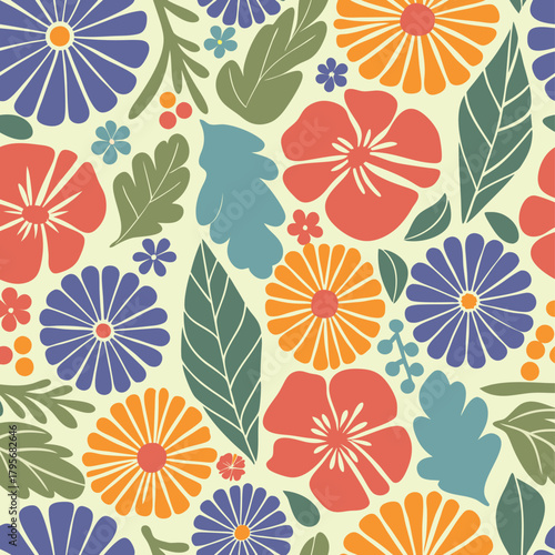 Whimsical hand drawn floral pattern with teal pink and orange hues