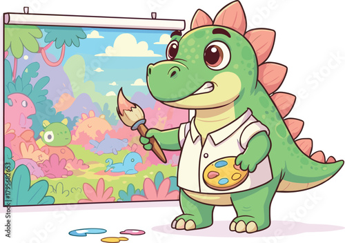 Cute cartoon dinosaur artist happily painting a colorful prehistoric landscape on a large canvas in a playful vector illustration
