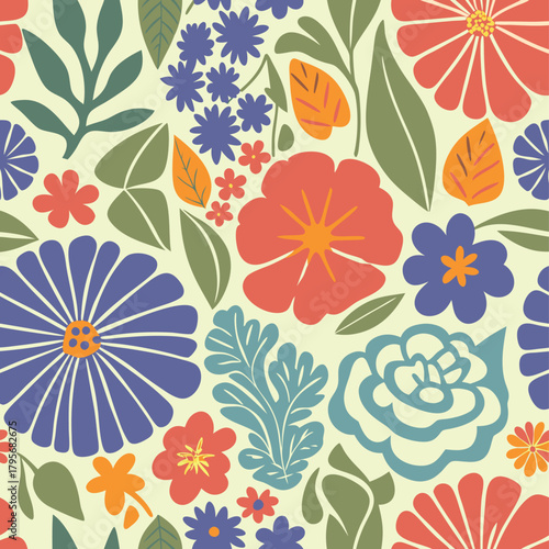 Whimsical hand drawn floral pattern with teal pink and orange hues