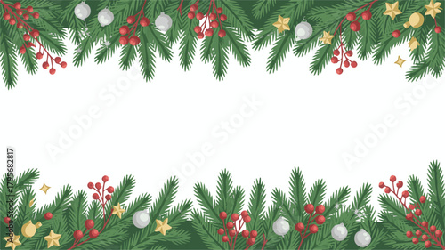 Christmas frame decorated with holly and berries on festive background