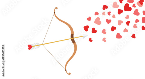Cupid s arrow shoots a flurry of red and pink hearts across a white background
