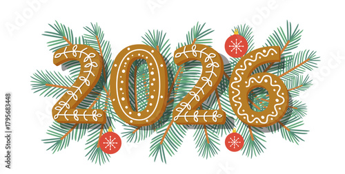 2026 year numbers made of gingerbread cookie, vector on Christmas tree branches