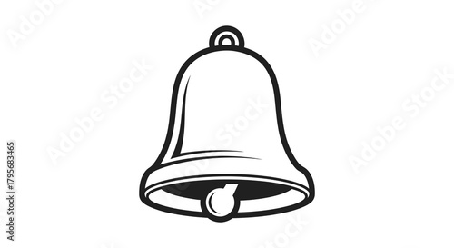 Simple black and white line art illustration of a classic bell with a clapper inside isolated on a white background