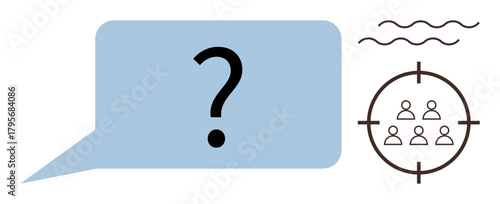 Speech bubble with question mark and target containing people icon. Ideal for communication, strategy, audience targeting, decision-making, problem-solving, marketing, and brainstorming. Simple flat