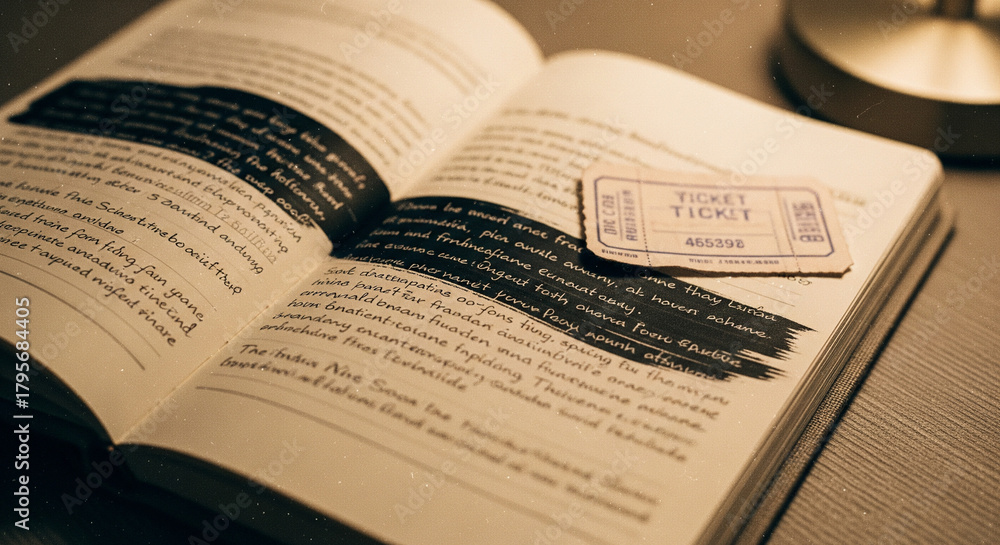 Fototapeta premium Vintage ticket nestled in an open book with sepia-toned light. A close-up, sepia-toned photograph featuring an open book resting on a surface. A vintage, aged paper ticket, labeled 