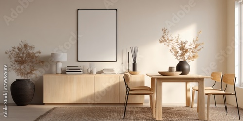 Fototapeta Naklejka Na Ścianę i Meble -   Empty poster template in stylish dining room interior with wooden chairs, decor elements, and soft lighting on neutral wall background for layout design. 3D Rendering 