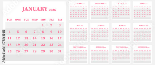 Vector calendar for 2026. Week starts on Sunday. Calendar ready for printing. Has 12 months. Stationery design concept.