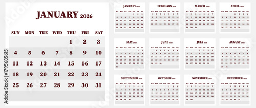 Vector calendar for 2026. Week starts on Sunday. Calendar ready for printing. Has 12 months. Stationery design concept.