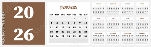 Vector calendar for 2026. Week starts on Sunday. Calendar ready for printing. Has 12 months. Stationery design concept.
