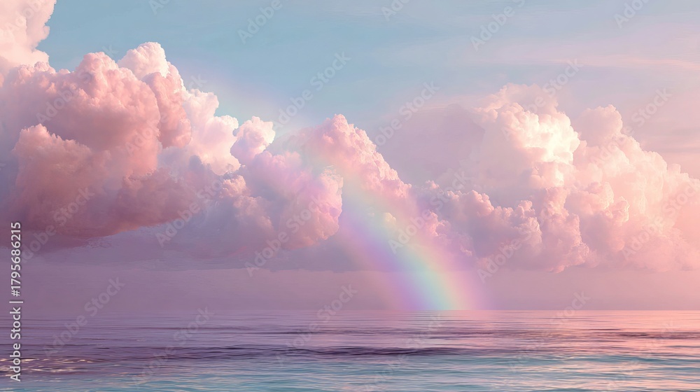 Fototapeta premium Dreamy pastel rainbow arcs over serene ocean with soft pink clouds, evoking hope and tranquility for a brighter tomorrow.