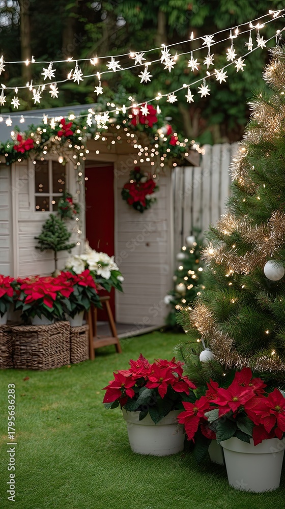 Fototapeta premium Decorative outdoor corner featuring a Christmas tree and colorful plants, creating a cheerful holiday atmosphere