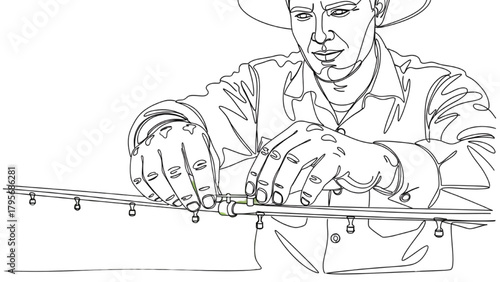 Farmer Adjusting Drip Irrigation Pipes Continuous Line Art