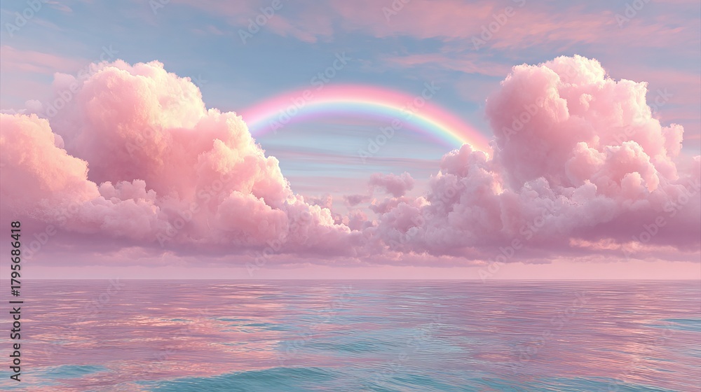 Fototapeta premium Serene pastel rainbow arches over fluffy pink clouds above tranquil ocean waters at dawn