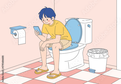 A young man is sitting on the toilet and using his phone at home, vector illustration