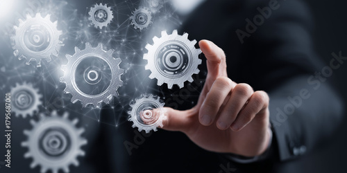Engrenagens digitais sendo acionadas por executivo, simbolizando inovação, automação, eficiência operacional, processos corporativos e transformação tecnológica nas empresas